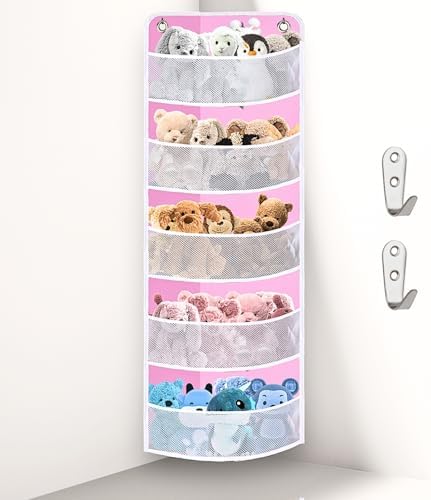Soft Corner Shelf 5 Tiers | Safe Hanging Organizer | Child-Friendly Wall Mount Storage | for Sundries, Toys, Stuffed Animals, Diapers | for Pantry Closet Bedroom Nursery Organization Pink