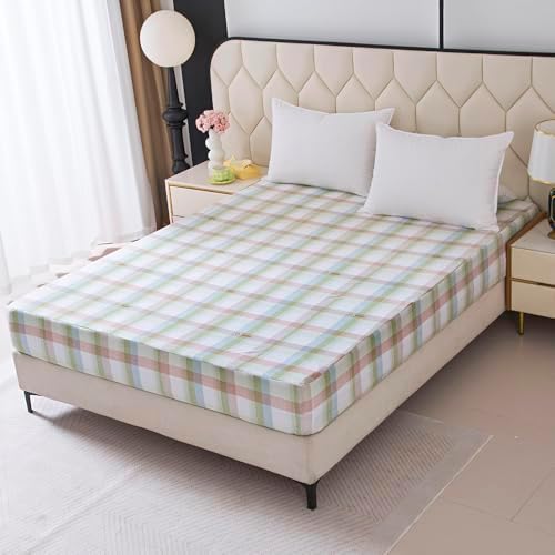 Bedding Fitted Sheet with Deep Pocket,Fresh Design Printed Fabric Bed Sheets for Summer (Green Checkered, Full)