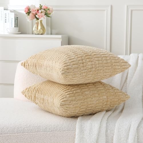 2 Pack Corduroy Decorative Throw Pillow with Inserts, 18x18 Inch Soft Boho Throw Pillow, Square Striped Throw Pillows for Couch, Bed, Sofa Decor (Creamy Beige)