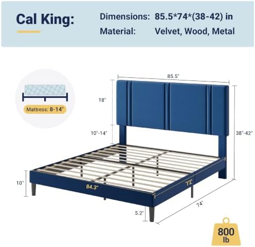 Allewie Cal King Platform Bed Frame with Velvet Upholstered Headboard