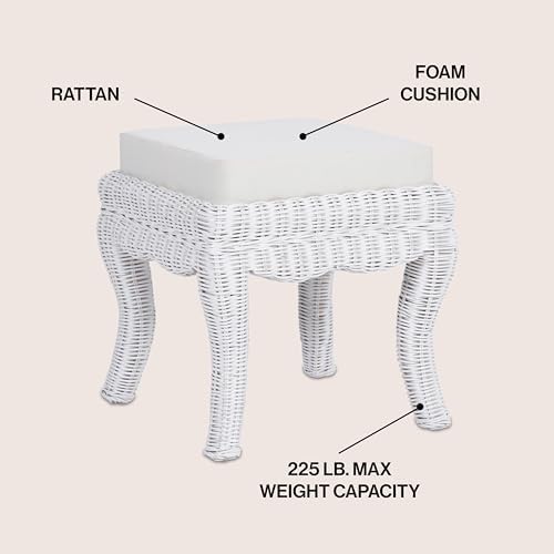 JONATHAN Y Rowan 19.7" Coastal Woven Rattan Vanity Stool, White Distressed