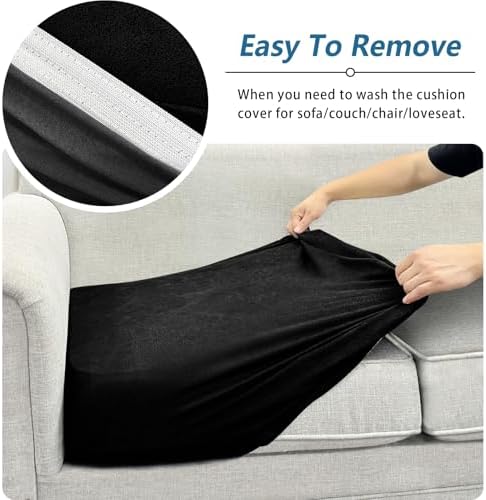 Couch Cushion Covers Leather-Look 3PC Stretch Extra Large Sofa Seat Slipcover Sets Individual Couch Seat Cushion Cover, Pet-Friendly, Non-Slip, Easy Fit - Black