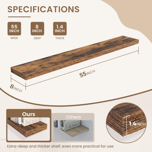 Dreamland 55 in Wall Mounted Wood Floating Shelves, Rustic Brown, 2 Pack