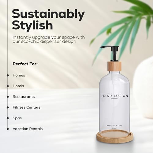Glass Lotion Dispenser with Pump for Bathroom by Brighter Barns - Hand Lotion Dispenser Set with Tray - Boho Hand Cream Container for Bathroom, Neutral Home Decor in Bedroom, Lobby, Restaurant (Clear)