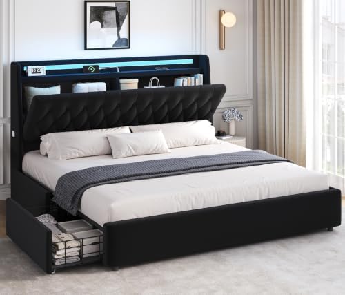Jocoevol King Size Bed Frame with 2 Storage Drawers & Hidden Headboard