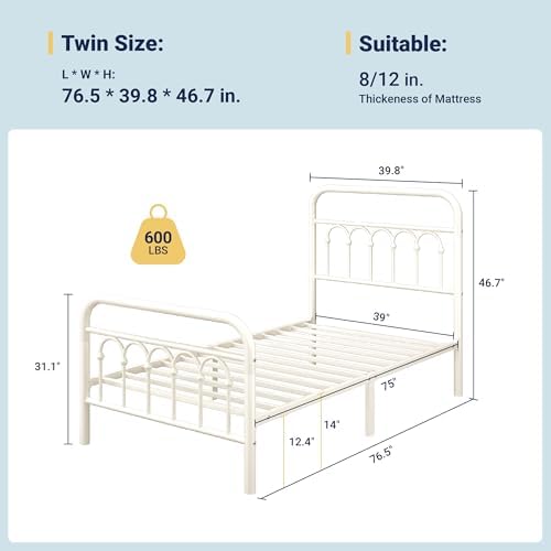 Allewie Twin Size Metal Platform Bed Frame with Headboard, Cream