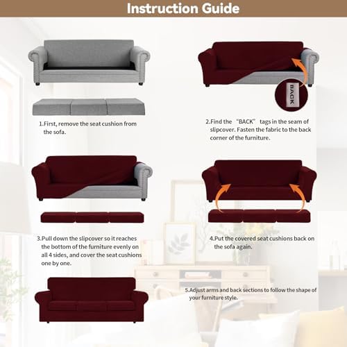 WEERRW 4 Pieces Couch Cover for Sofa Velvet Sofa Covers Washable, Burgundy