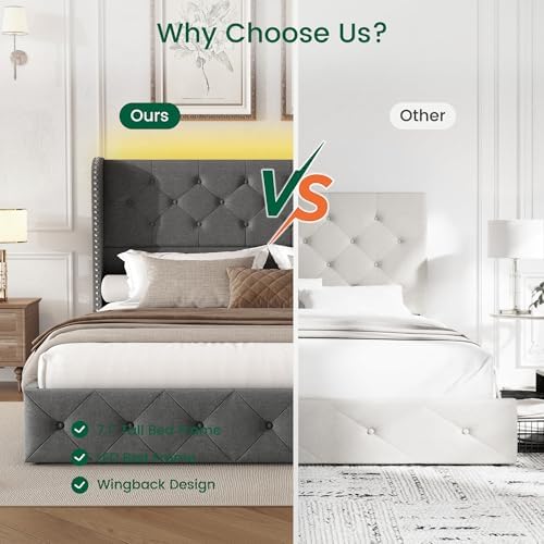 LARMACE Queen Size Bed Frame with LED Lights and 4 Storage Drawers Linen Upholstered Platform Bed Frame with 47.2" Tall Tufted Headboard Wingback, No Box Spring Needed, Easy to Assemble, Grey