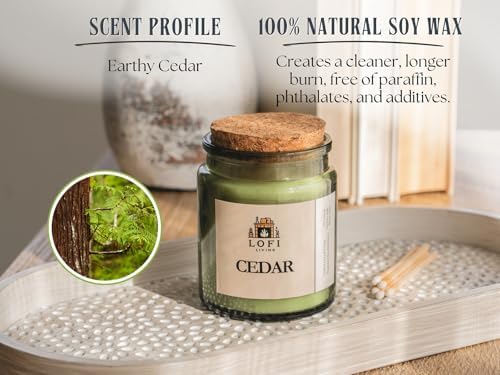 Lofi Living Aromatherapy Set – Cedar Scented Candle, Wood Wick, Scented Reed Diffuser, Luxury Soap, Gift Set for Relaxation, Stress Relief, Home Spa, 100% Soy Wax Candle