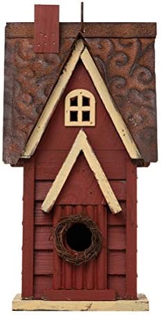 Glitzhome Bird Houses for Outside, Distressed Red Cottage Blue Bird House, 12" H Solid Wood Birdhouse Hanging Bird House for Outdoors
