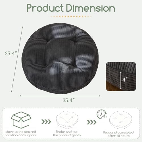 HIGOGOGO 35" Floor Pillow Cushion for Adults, Meditation Cushion Pillow, Extra Large Square Floor Sitting, Tufted Corduroy Cover for Tatami Living Room or Yoga, Dark Grey