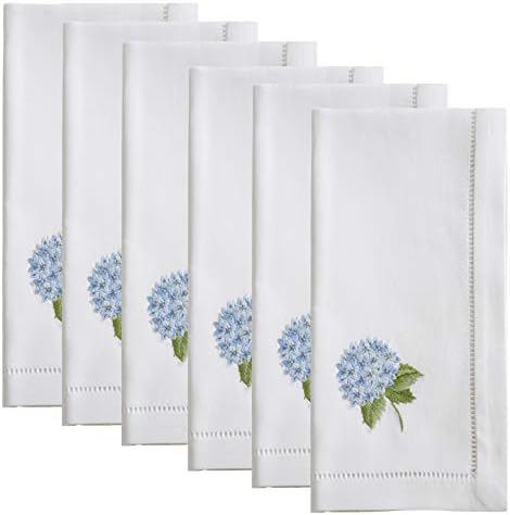 Handmade Blue Hydrangea Embroidery Napkin with Hemstitched Border (Set of 6)