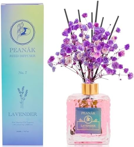 PEANÄK Lavender Reed Diffuser Set - 6.76 fl oz Scented Oil Diffuser with Natural Essential Oils & Sticks for Home, Bathroom & Bedroom Decor - Long-Lasting Aromatherapy Gift