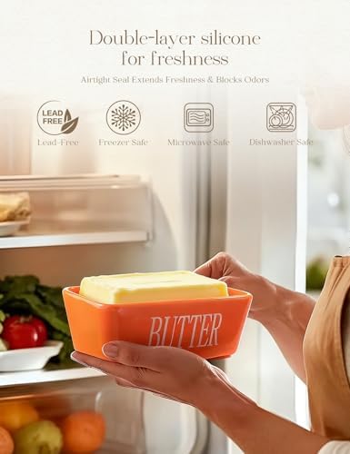 Ceramic Butter Dish with Lid and Knife Silicone Seal for Countertop Orange