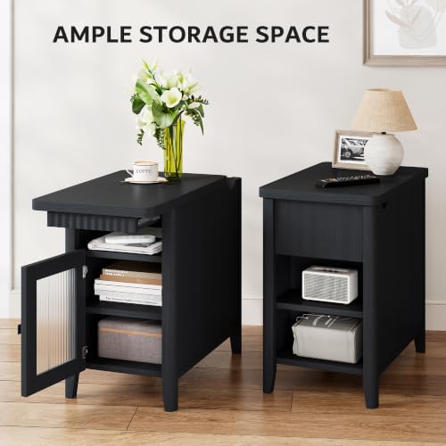 iPormis End Table with Charging, Narrow Side Table for Living Room, Black
