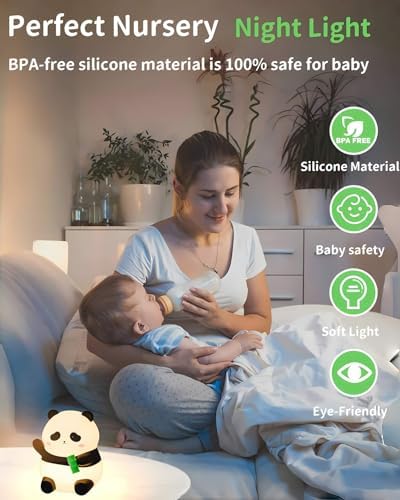Panda Night Light for Kids, Cute Squishy Silicone Panda Lamp, 50-Hour Rechargeable Bedside Nursery Light with Tap Control, 2 Brightness Levels, 30-Min Auto-Off Timer, Gift for Toddlers