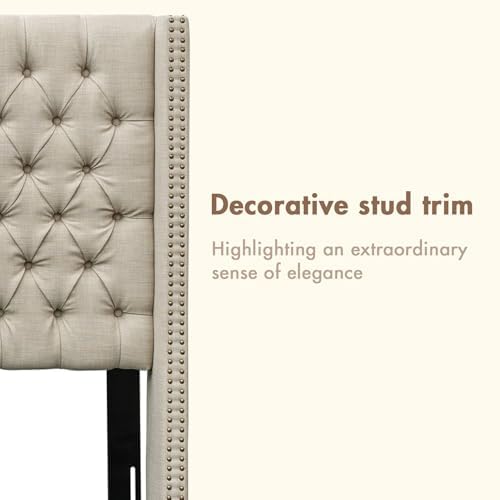 Madison Park Queen Wingback Upholstered Tufted Headboard, Featuring High-Density Sponge Padding, Adjustable Height Headboard, Easy Assembly, Beige Woven