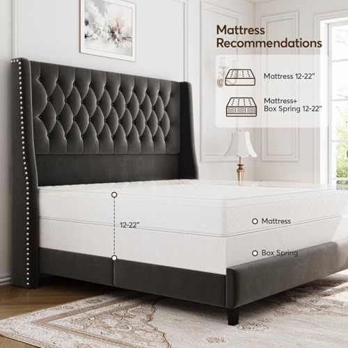 Full Upholstered Bed Frame, 55.4'' Tall Headboard with Wingback