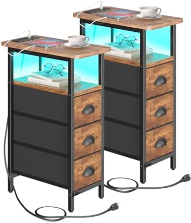 shtmec Narrow End Table Set of 2 with Charging Station, LED Side Tables Set 2 with Fabric Drawers, Small Bedside Tables Nightstands for Small Space, Slim Sofa Couch Table for Livingroom,Rustic Brown