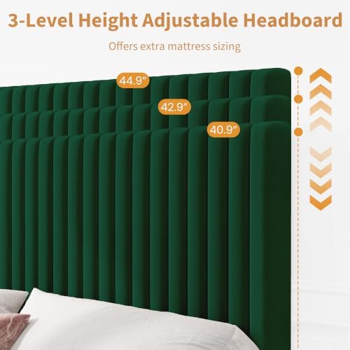 GAOMON Full Bed Frame with Adjustable Headboard, Velvet Upholstered Platform Full Size Bed Frame, Vertical Channel Tufted, Strong Wooden Slats, No Box Spring Needed, Easy Assembly, Green