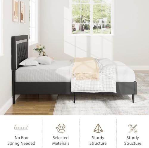 BarnFurin Twin Bed Frame with Tufted Button Headboard, Black