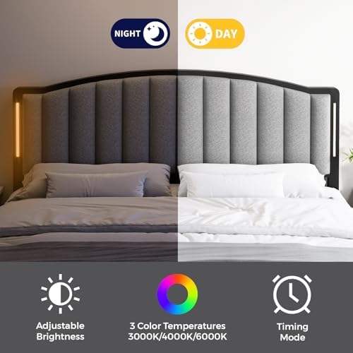 Upholstered Tufting Headboard for Full Size Bed with Lights, Grey