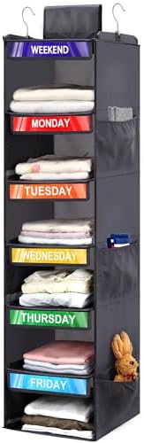 6-Shelf Weekly Clothes Organizer for Kids, Hanging Daily Closet Organization with 6 Side Pockets, Days of The Week Clothing Divider Storage for Boys and Girls (Grey)