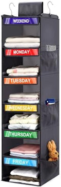 6-Shelf Weekly Clothes Organizer for Kids, Hanging Daily Closet Organization with 6 Side Pockets, Days of The Week Clothing Divider Storage for Boys and Girls (Grey)