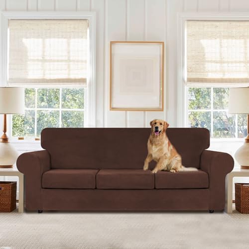 WEERRW 4 Pieces Couch Cover for Sofa Velvet Sofa Covers Washable, Chocolate