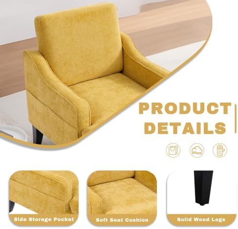 Set of 2 Accent Chair for Living Room,Mid-Century Arm Chair Chenille Fabric Living Room Chairs,Upholstered Reading Chair for Bedroom,Single Sofa Chair with Wood Legs for Apartment (Yellow)