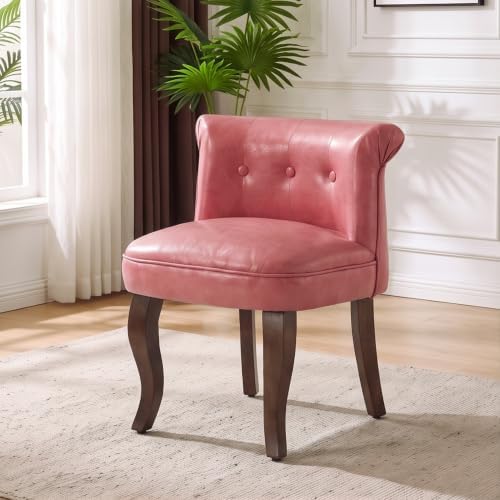 Faux Leather Pink Vanity Chair with Back, Upholstered Makeup Accent Chair