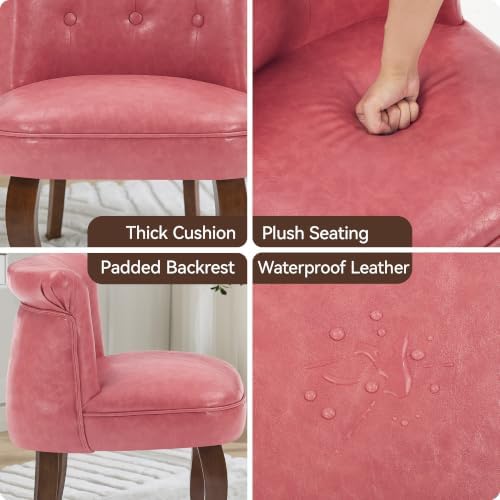 WUTUTUEE Leather Vanity Chair with Back, Tufted Upholstered Vanity Stool with Solid Wood Legs, Mid Century Small Makeup Chair for Vanity, Accent Chair for Bedroom, Living Room, Pink