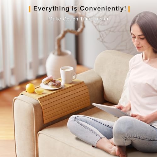 Bestjing Bamboo Couch Armrest Table with Detachable Cup Holder Tray