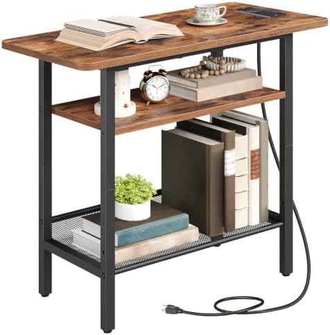 HOOBRO Side Table with Charging Station for Small Spaces, Rustic Brown