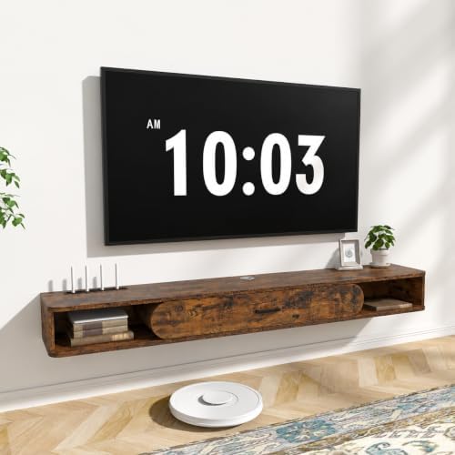 GHC Floating TV Stand, 70'' Wall Mounted TV Cabinet, Floating Shelves with Door, Media Console for DVD Player, Space-Saving Under TV Shelf for Bedroom & Living Room (Rustic Brown)