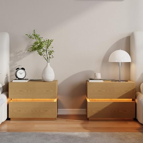 homary Smart Nightstand Set of 2 with Wireless Charging Station, USB & Type-C Ports, LED Light, 2 Drawers – Modern Natural Bedside Table for Bedroom Storage