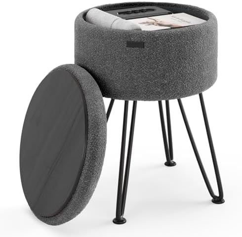 Round Ottoman with Storage, Boucle Storage Ottoman, Foot Stool Ottomans, Makeup Vanity Stool, Small Ottomans Foot Rest, Modern Vanity Stools for Living Room and Bedroom, Grey