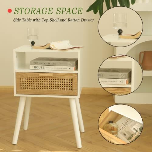 MaxSmeo Nightstand with Charging Station, Bedside Tables with Rattan Drawer, Mid Century Modern Nightstand, End Table for Living Room, Bedroom and Small Spaces, Easy Assembly (White)