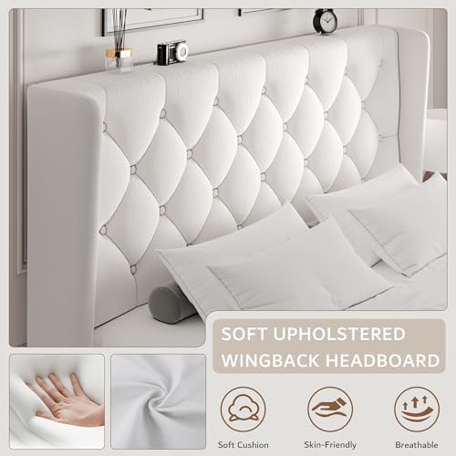 iPormis Queen Size Velvet Platform Bed Frame with Button Tufted Headboard, Upholstered Bed Frame with Solid Wooden Slats, 8" Underbed Space, No Box Spring Needed, Noise Free, Easy Assembly, White