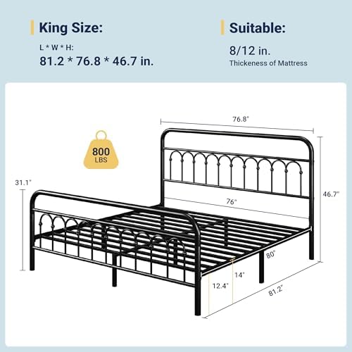 Allewie King Size Metal Platform Bed Frame with Headboard, Black