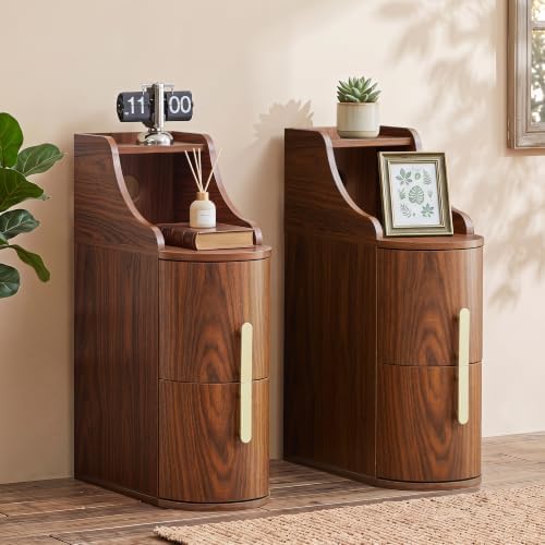 7.87" Narrow Nightstand Set of 2, Small Bedside Table with 2 Drawers, Walnut Skinny Side Table, Modern Nightstand with 1 Semi-Open Shelf, Floating End Table for Living Room, Bedroom