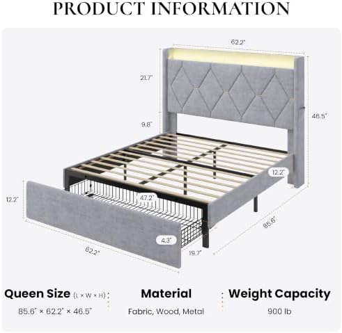 SHA CERLIN Queen Size Bed Frame with Storage Drawer & LED Lights, Grey