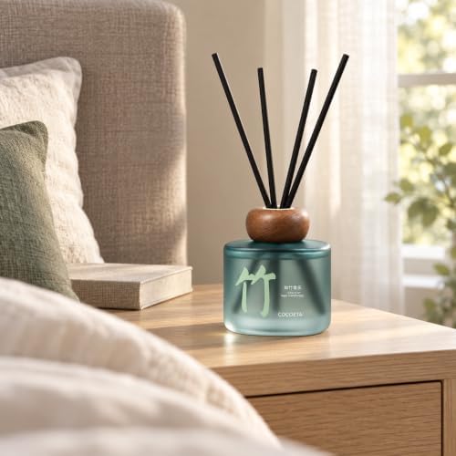 Bamboo Reed Diffuser, 5.9 Fl Oz – Fresh Green Floral Home Fragrance for Up to 90 Days - Reusable, Refillable Glass Holder - Includes 4 Natural Reed Sticks - Flame Free