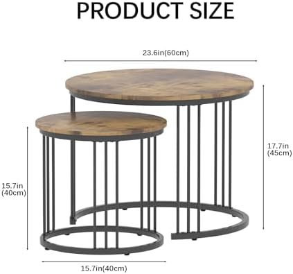 Garden 4 you Nesting Coffee Table, 23.6" Round Coffee Table Set of 2, Wooden Nesting Table with Metal Frame, Ceter Tables for Living Room Bedroom Balcony, Rustic Brown