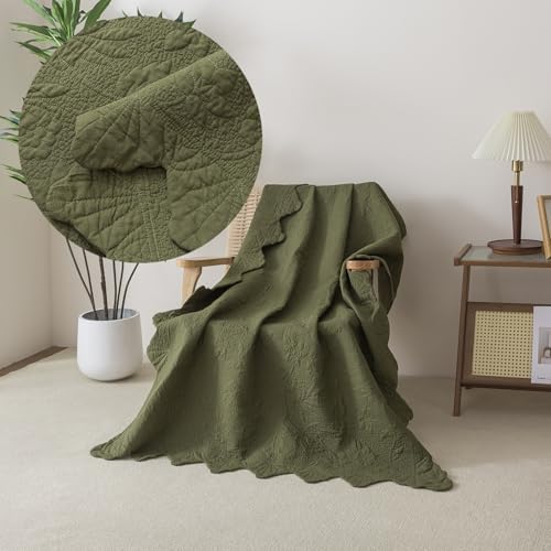 Brandream Olive Green Scalloped Quilt Cotton 47 X 60 Inch Quilted Throw Blanket for Bed Couch Daybed Decorative Throw Blankets