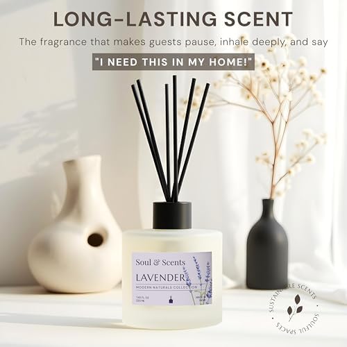 Soul & Scents Reed Diffuser Set – Lavender | 7.43 oz Refillable Scented Oil with 6 Fiber Sticks | Long-Lasting Home Fragrance & Air Freshener for Bedroom, Bathroom, Office | Gift & Décor Piece