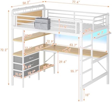 Jocoevol Full Size Loft Bed with L-Shaped Desk, LED Lights,Charging Station, Industrial Heavy Duty Metal Loft Bed Frame with 3 Storage Shelves and 3 Fabric Drawers, Safety Guard & Ladder, White