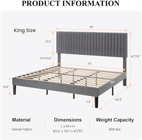 SHA CERLIN King Upholstered Platform Bed Frame with Vertical Channel Tufted Velvet Fabric Adjustable Headboard, Wooden Slats Support, Mattress Foundation, Box Spring Optional, Grey