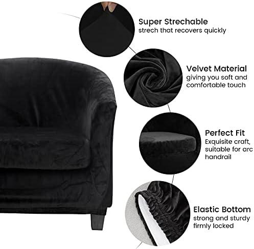 MIFXIN 2 Pieces Velvet Tub Chair Covers with Cushion Cover Stretch Soft Removable Tub Chair Slipcovers Armchair Sofa Couch Furniture Protector for Living Room Club Bar Counter (Black)