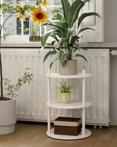 XBurmo Small Round End Table - 3 Tier Design Accent Table, Narrow Side or Bedside Stand, Industrial Vintage Nightstand for Bedroom, Living Room, or Small Spaces, Set of 2, Marble White